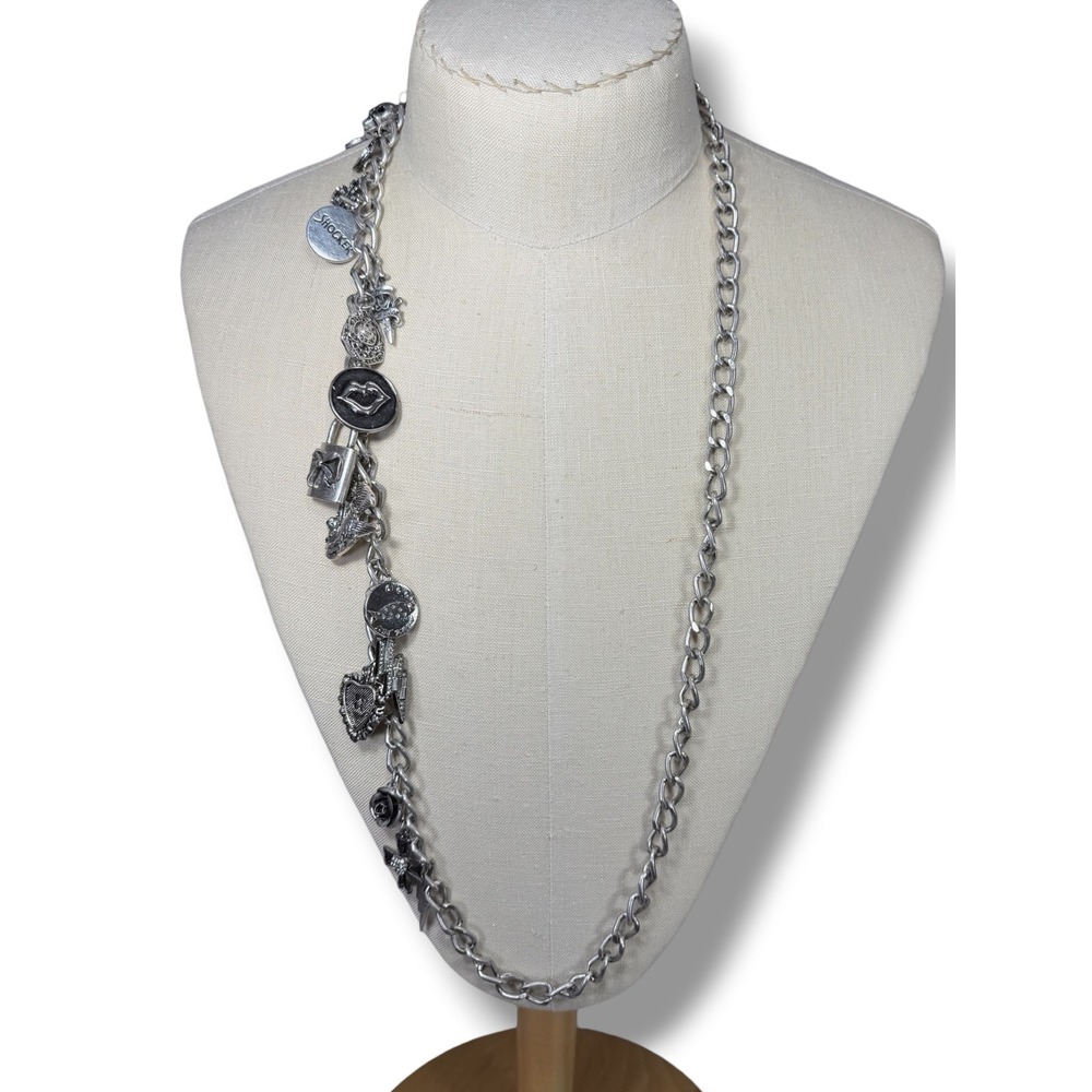 Betsey Johnson Antique Silver Tone Multi Charm Long Curb Chain Necklace NWT Belt